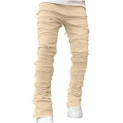 RYRJJ Mens Stacked Jeans Slim Straight Leg Ripped Jeans Skinny Distressed Destroyed Denim Pants Trousers StreetwearKhaki,L