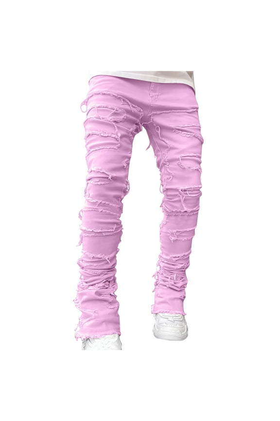 Mens Stacked Jeans Slim Straight Leg Ripped Jeans Skinny Distressed Destroyed Denim Pants Trousers Streetwear(Pink,L)