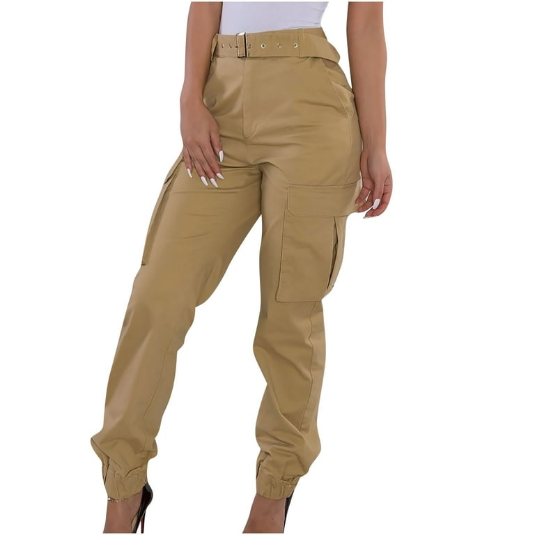 Clearance RYRJJ Outdoor Elastic High Waisted Cargo Pants for Women Casual  Baggy Combat Twill Jogger Pants with Multi-Pockets(Without Belt)(Khaki,3XL)  