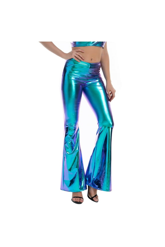 Shiny Metallic Flare Leggings for Women High Waisted Bell Bottom Pants Stretch 70s Disco Dance Yoga Trousers(Blue,M)