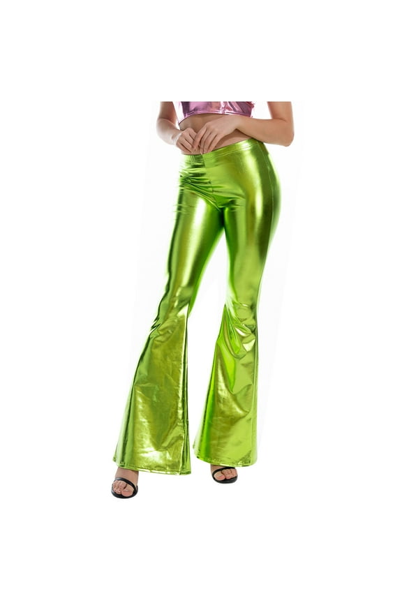 Shiny Metallic Flare Leggings for Women High Waisted Bell Bottom Pants Stretch 70s Disco Dance Yoga Trousers(Green,S)
