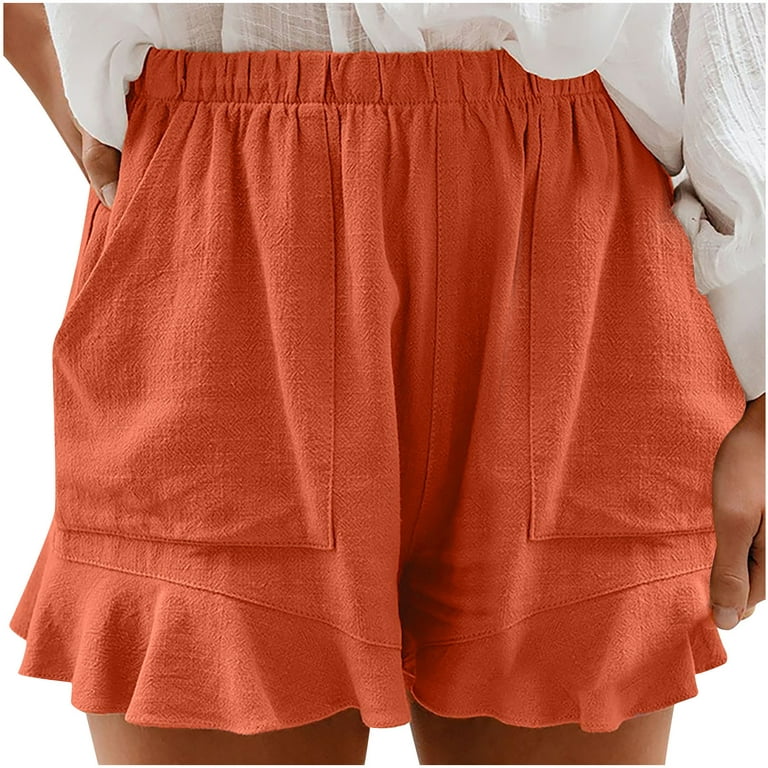 Clearance RYRJJ Summer Lounge Shorts for Women Fashion Linen Elastic Waist  Wide Leg Flowy Comfy Pockets Short Pants(Orange,XXL) 