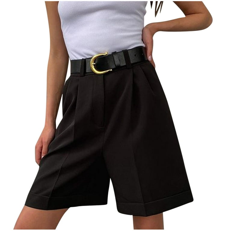 Clearance RYRJJ Women Business Casual Button Dress Shorts High Waist Wide  Leg Pleated Shorts Summer Solid Bermuda Shorts with Pockets(Black,L) 