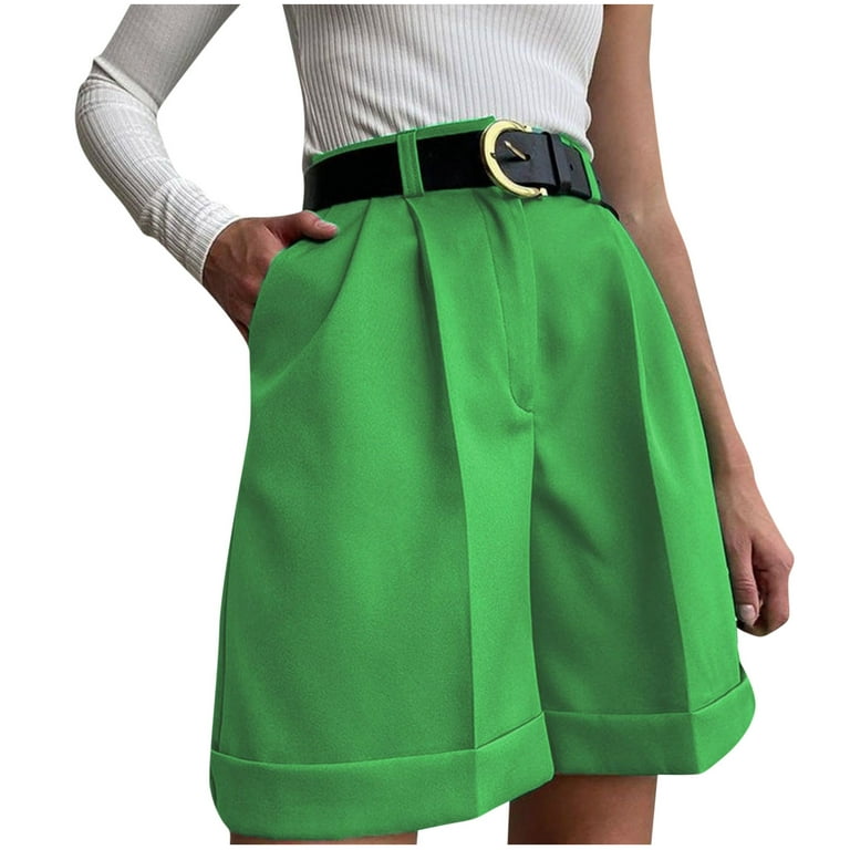 Clearance RYRJJ Women Business Casual Button Dress Shorts High Waist Wide  Leg Pleated Shorts Summer Solid Bermuda Shorts with Pockets(Green,L)