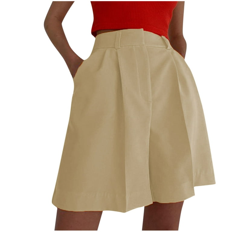 Clearance RYRJJ Women Business Casual Button Dress Shorts High Waist Wide  Leg Pleated Shorts Summer Solid Bermuda Shorts with Pockets(Khaki,S) 