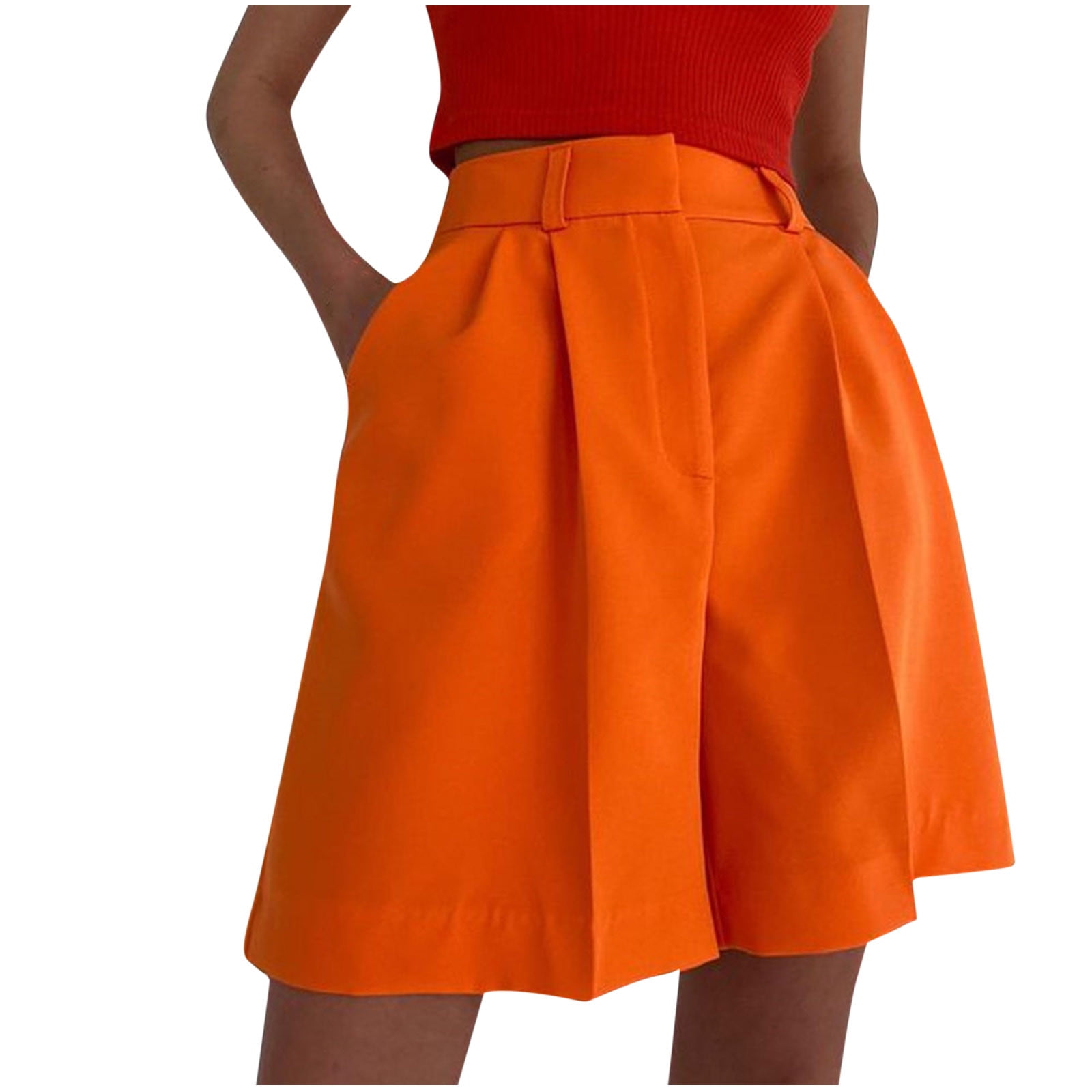 Clearance RYRJJ Women Business Casual Button Dress Shorts High Waist Wide  Leg Pleated Shorts Summer Solid Bermuda Shorts with Pockets(Orange,M) 