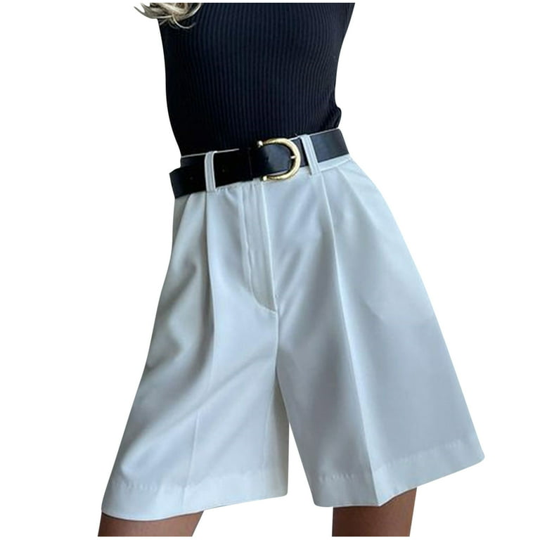 Clearance RYRJJ Women Business Casual Button Dress Shorts High Waist Wide  Leg Pleated Shorts Summer Solid Bermuda Shorts with Pockets(White,M) 