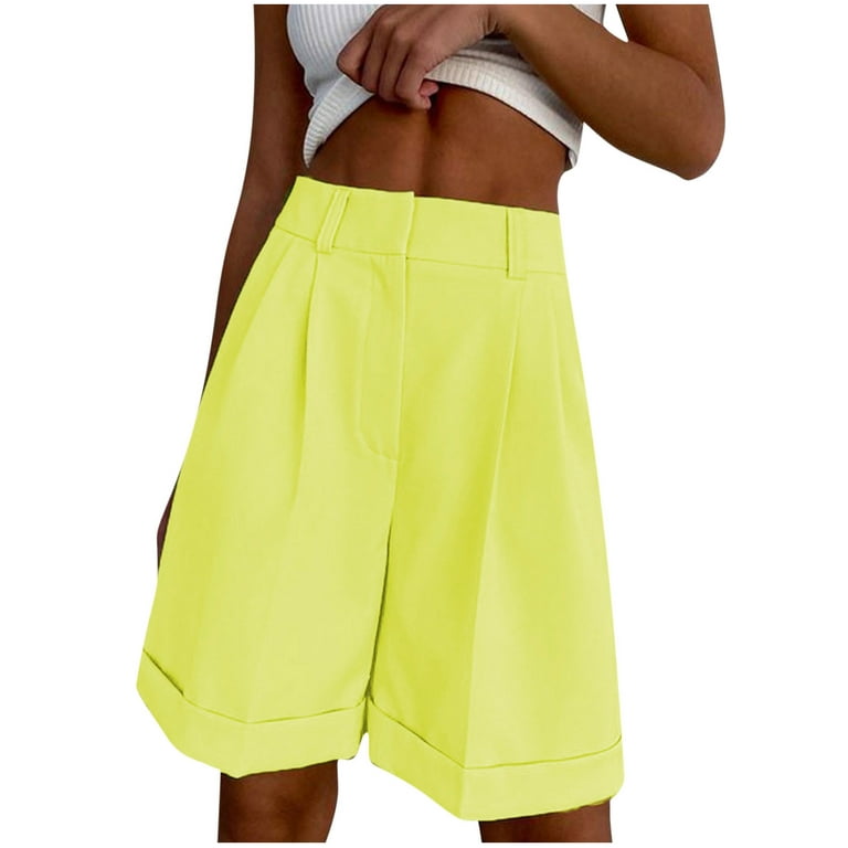 Clearance RYRJJ Women Business Casual Button Dress Shorts High Waist Wide  Leg Pleated Shorts Summer Solid Bermuda Shorts with Pockets(Yellow,L) 