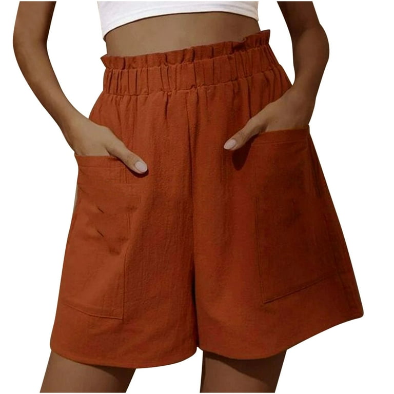 Clearance RYRJJ Women's Casual Bermuda Shorts Summer Stylish Short Pant  Pleated Elastic Waist Wide Leg Cotton Linen Beach Shorts with  Pockets(Orange,3XL) 