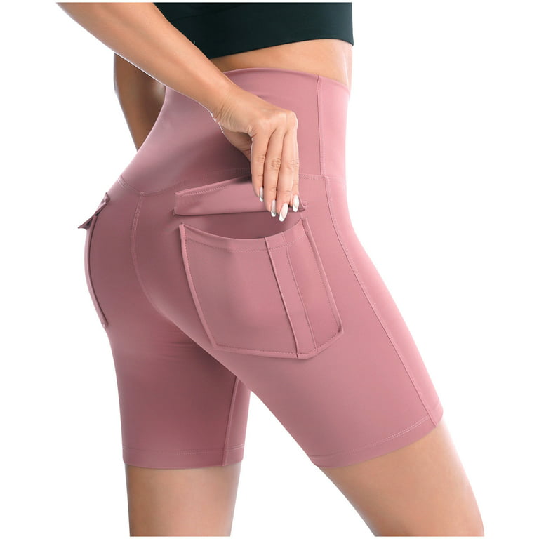 Clearance RYRJJ Women's High Waist Yoga Shorts Tummy Control Workout Shorts  Running Gym Athletic Shorts with Pockets(Pink,S) 