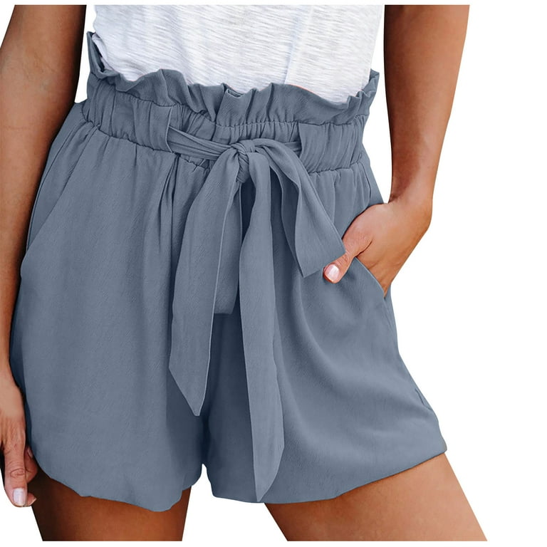 Clearance RYRJJ Women's Summer Shorts Ladies Bowknot Tie Ruffle Elastic  Hight Waist Casual Shorts with 2 Pockets(Blue,3XL) 