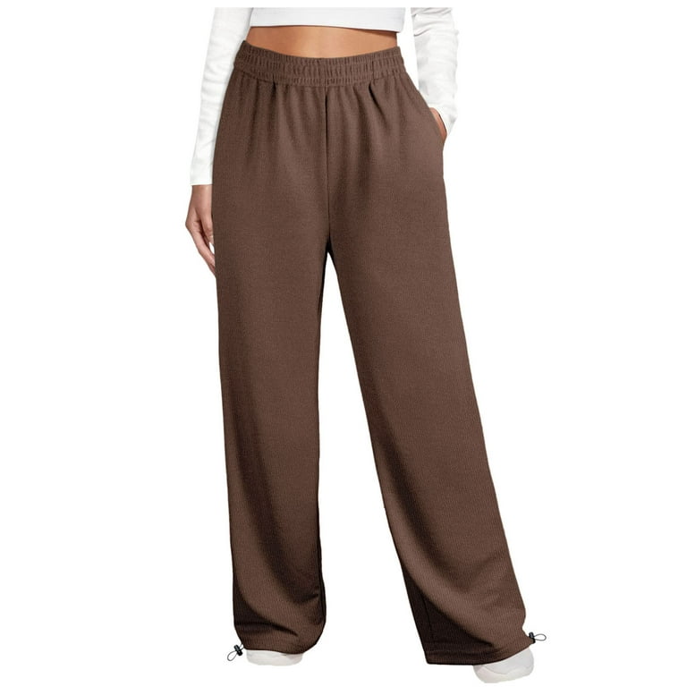 Clearance RYRJJ Women's Wide Leg Pants with Pockets Casual Sweatpants  Elastic Waist with Drawstring Bottom Comfy Lounge Baggy Pants(Brown,S) 