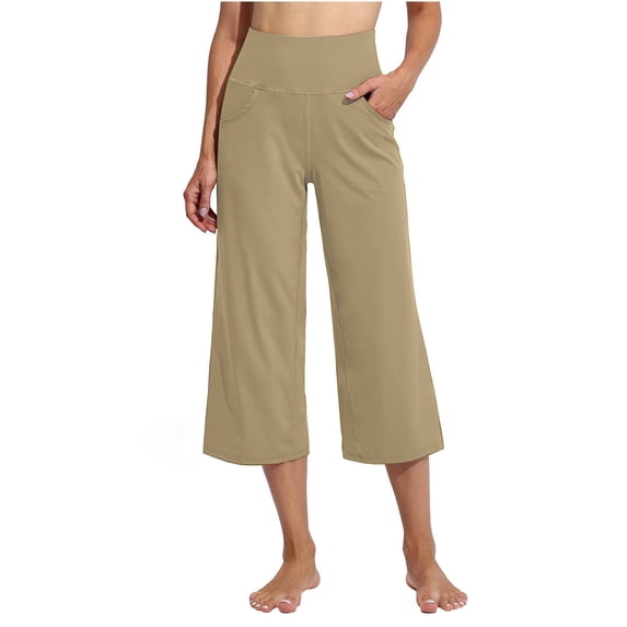 RYRJJ Womens Capri Pants Loose Yoga Pants Wide Leg High Waist Comfy Lounge Pajama Capris Sweatpants with Pockets(Khaki,3XL)