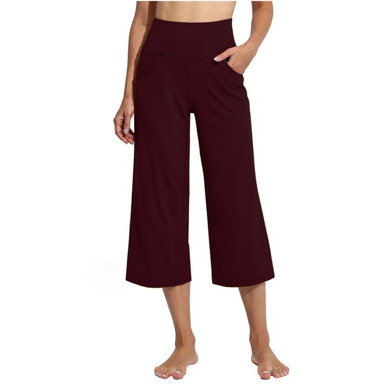 Clearance RYRJJ Womens Capri Pants Loose Yoga Pants Wide Leg High Waist  Comfy Lounge Pajama Capris Sweatpants with Pockets(Wine,M) 