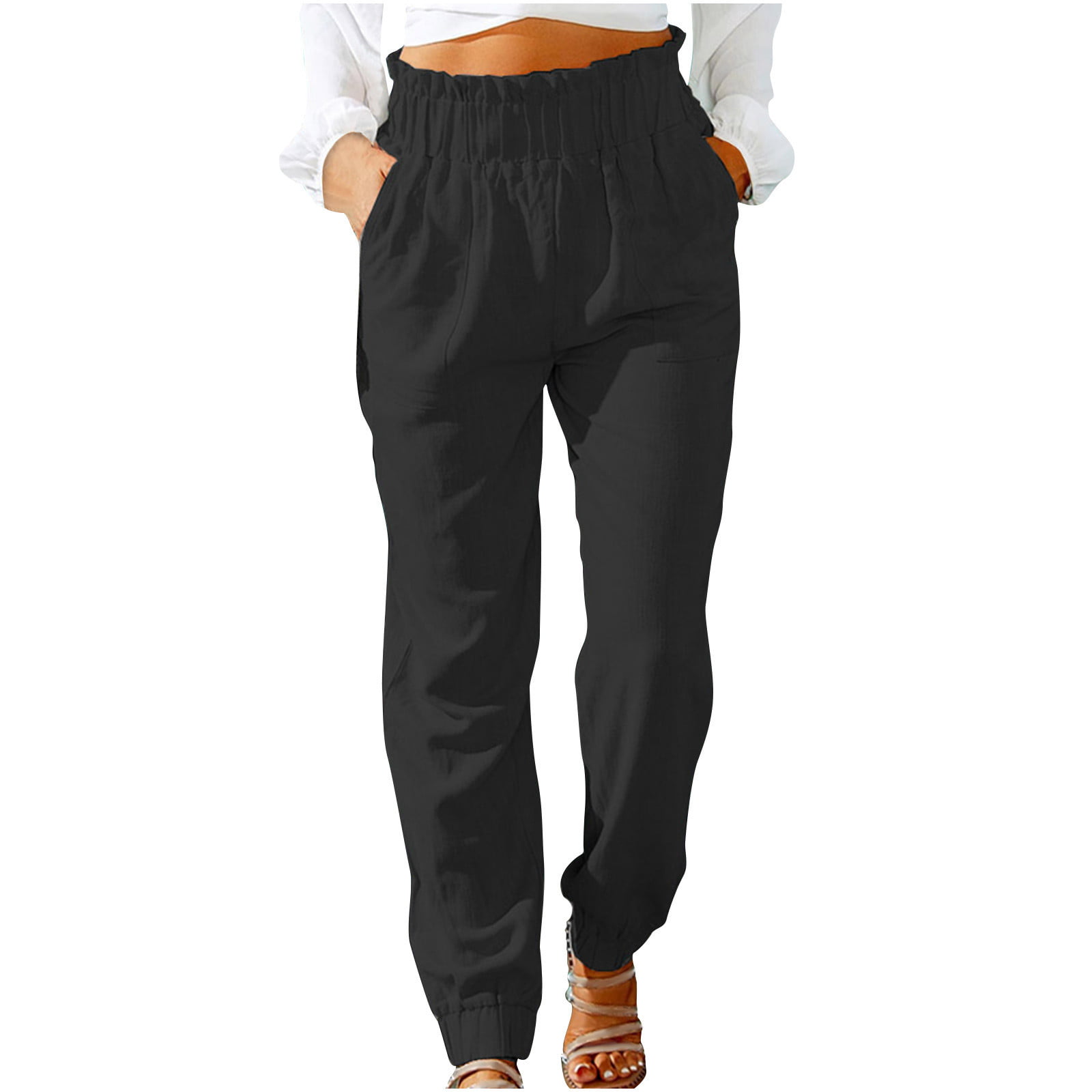 Clearance RYRJJ Womens Casual Loose Cotton Linen Pants Comfy Work Trousers  with Pockets Ruffle Elastic High Waist Tapered Pants(Black,XXL) 