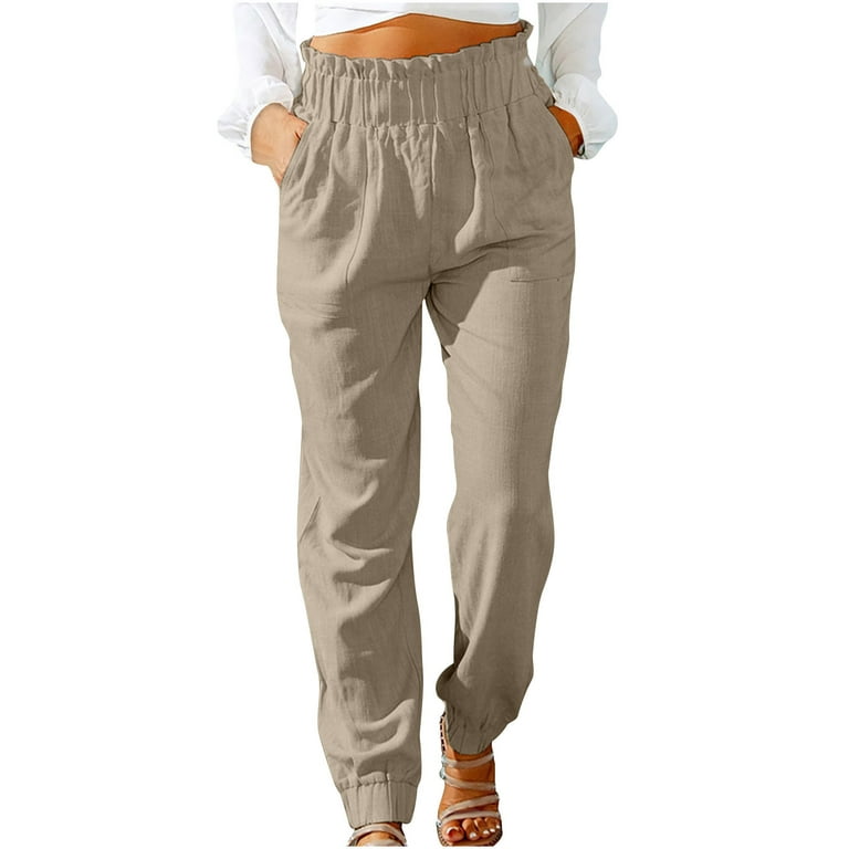 Clearance RYRJJ Womens Casual Loose Cotton Linen Pants Comfy Work Trousers  with Pockets Ruffle Elastic High Waist Tapered Pants(Khaki,S) 