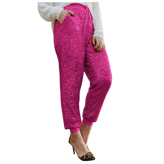 RYRJJ Womens Casual Sparkly Sequin Pants Drawstring High Waist Glitter Joggers Pants Bling Party Clubwear Trousers with Pockets(Hot Pink,XXL)