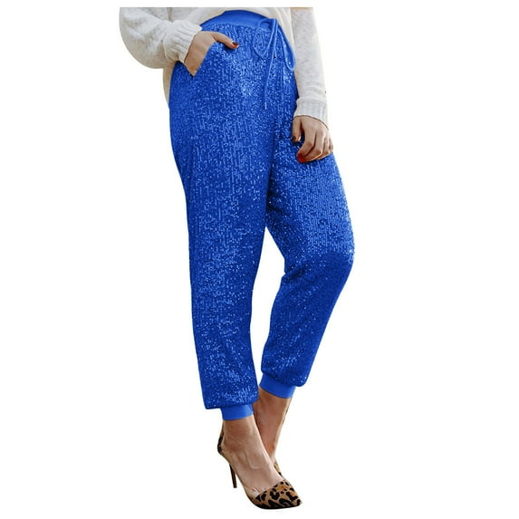 Clearance RYRJJ Womens Casual Sparkly Sequin Pants Drawstring High Waist Glitter Joggers Pants Bling Party Clubwear Trousers with Pockets(Blue,L)