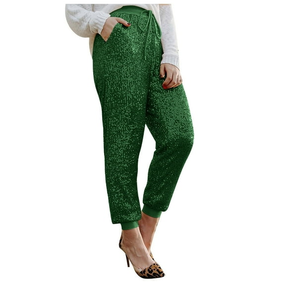 RYRJJ Womens Casual Sparkly Sequin Pants Drawstring High Waist Glitter Joggers Pants Bling Party Clubwear Trousers with Pockets(Green,XXL)