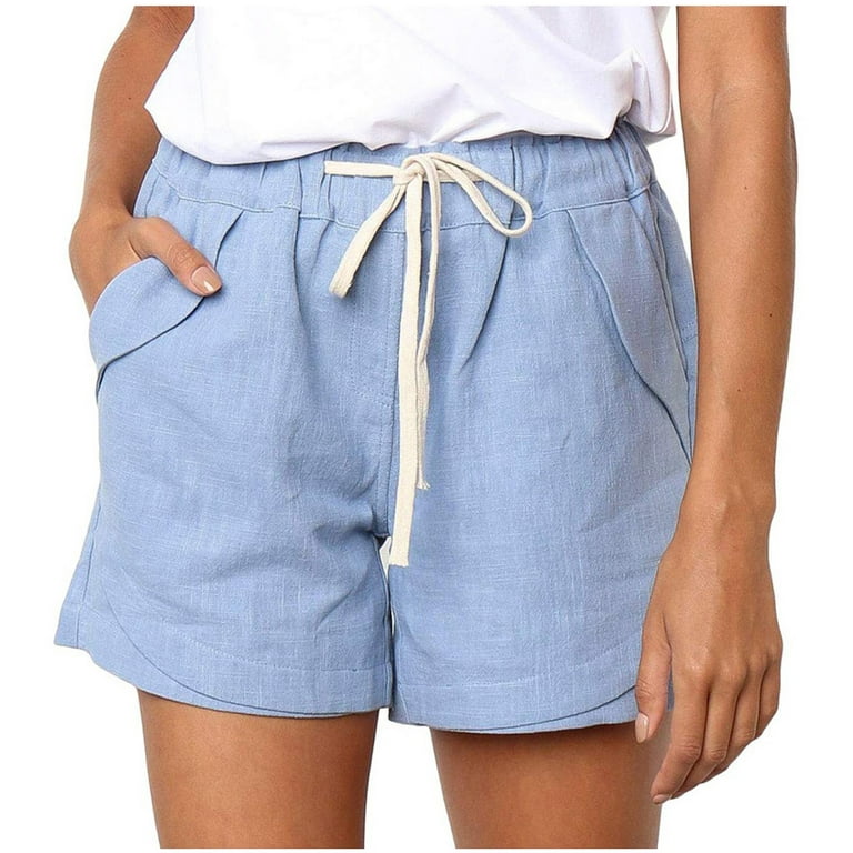 Clearance RYRJJ Women Casual Linen Cotton Shorts Drawstring Comfy Elastic  Waist Shorts Summer Pull On Short with Pockets(Sky Blue,3XL) 