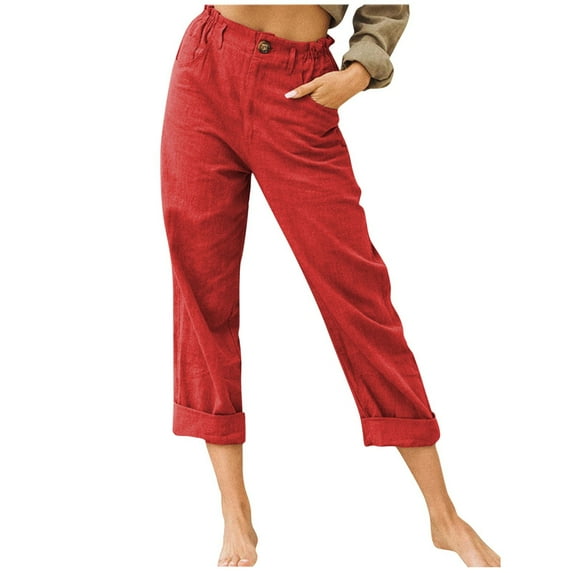 RYRJJ Womens Cotton Linen Work Pants Casual Plus Size High Waist Capri Pants Summer Loose Comfy Straight Leg Cropped Pants(Red,3XL)