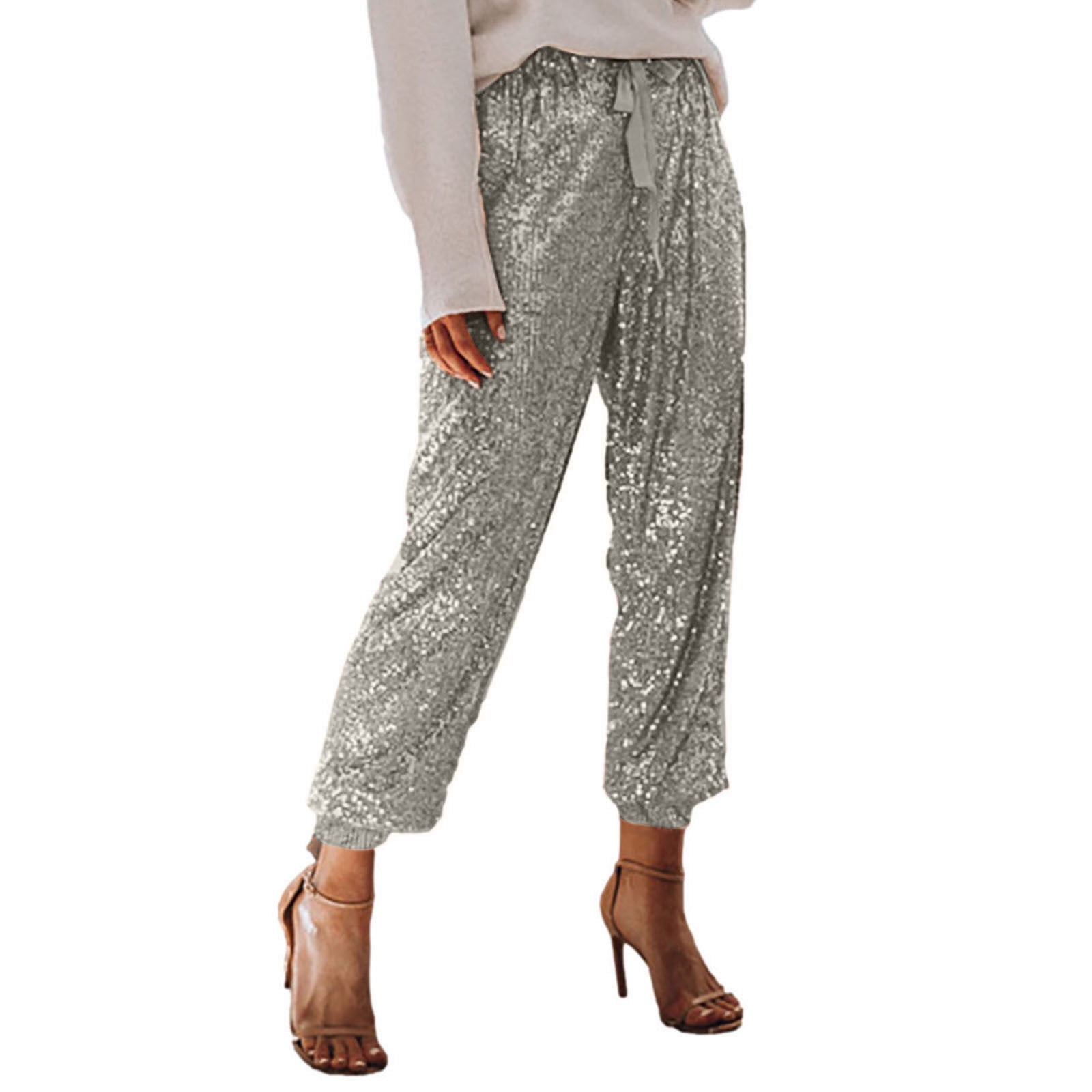 Clearance RYRJJ Womens Sequin Glitter Pants Drawstring Waist Baggy