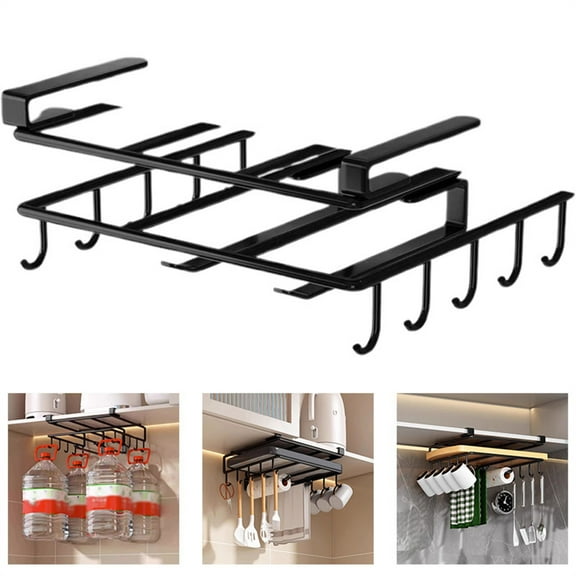 Clearance Rack under $15 Stainless Kitchen Hanging Organizer Rack With Hooks Paper Towel Rag Hanging Rack Cutting Board Pot Cover Storage She(Black)