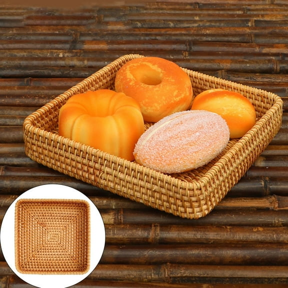Clearance! Rattan Serving Tray Rectangular Woven Basket Tray Natural Wicker Decorative Serving Baskets for Organizing Tabletop Kitchen Counter A Rattan Fruit Storage Tray