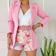 thumbnail image 1 of Rciityk 3 Piece Blazer Sets for Women Open Front Button Blazer Solid Long Sleeve and Floral Print Shorts with Belt Business Suit Sets with Pockets, 1 of 5
