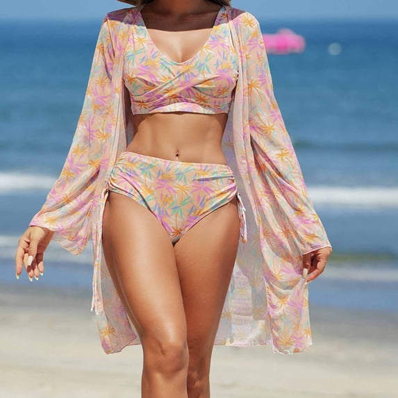 Clearance Rciityk 3 Piece Swimsuits for Women 2025 Boho Hawaiian Long Sleeve Cover Up Bikini Set Summer Beach High Waist Tummys control Bathing Suit - Spring/Summer Savings Clearance