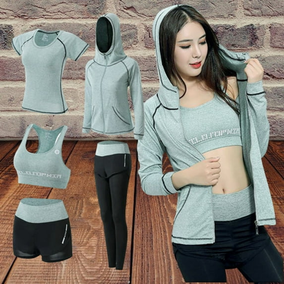 Rciityk 5pcs Workout Outfits for Women Athletic Sets Sport Suits Yoga Hooded Zipper Coat Sports Undershirt Tracksuits with Pockets