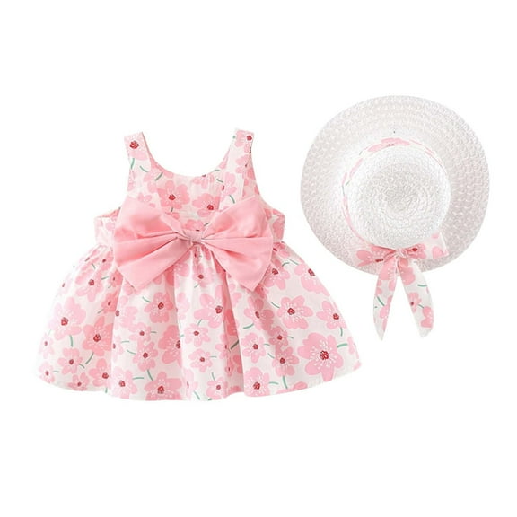 Rciityk Baby Girl Puffy Dress Summer Sleeveless Princess Birthday Dresses Flower Bow Sundress with Straw Hats Set for 1 Years