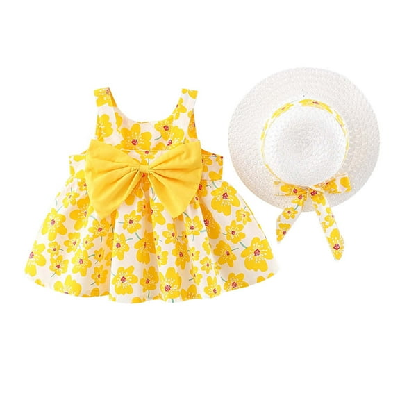 Rciityk Baby Girl Puffy Dress Summer Sleeveless Princess Birthday Dresses Flower Bow Sundress with Straw Hats Set for 2 Years