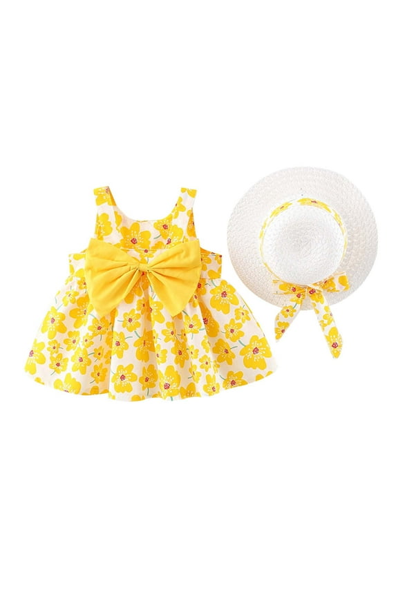 Baby Girl Puffy Dress Summer Sleeveless Princess Birthday Dresses Flower Bow Sundress with Straw Hats Set for 4 Years
