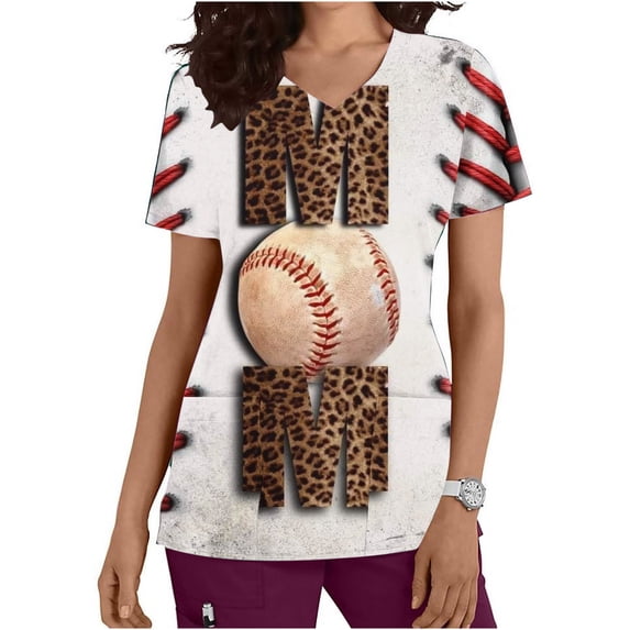 Clearance Rciityk Baseball Mom Women's Scrub Tops Mother's Day T-Shirt Short Sleeve V Neck Retro Trendy Print Nursing Uniform 2024 with Pockets - Spring/Summer Savings Clearance