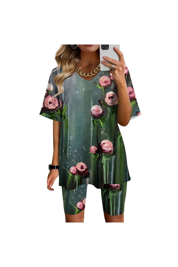 Biker Short Sets Women 2 Piece Outfits V-Neck Short Sleeve and Shorts Set Printed T-Shirt Workout Sports Tracksuit