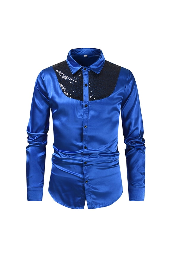 Blue Men's Long Sleeve Button Shirt 70s Vintage Cocktail Sequins Glitter Prom Shirts Casual Slim Turn Down Nightclub Shirts