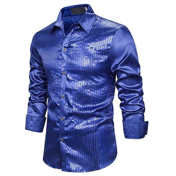 Rciityk Blue Men's Long Sleeve Button Shirt 70s Vintage Cocktail Sequins Glitter Prom Shirts Casual Slim Turn Down Nightclub Shirts