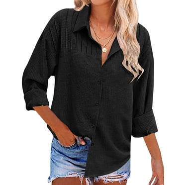 Clearance Rciityk Button Up Shirts for Women Casual Pleated Long Sleeve Shirt Textured Loose Collared Blouse Tops - Fall Savings Clearance