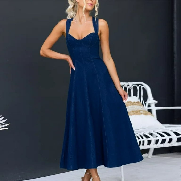 Rciityk Denim Dress for Women Summer Wide Strap Sleeveless V Neck Maxi Dress  Casual Vacation Beach Jeans Dress - Walmart.com