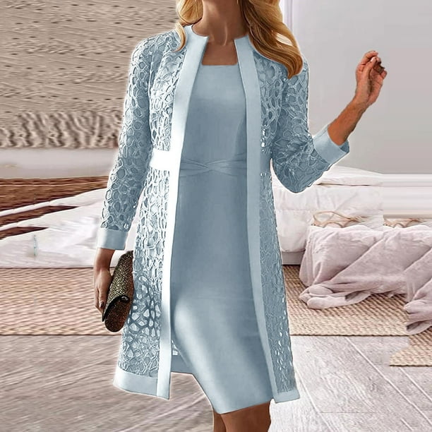 Rciityk Dress Sets for Women Long Sleeve Cardigan Sleeveless Dresses Casual Lace Hollowed Out Crew Neck Solid Color Two Piece Set