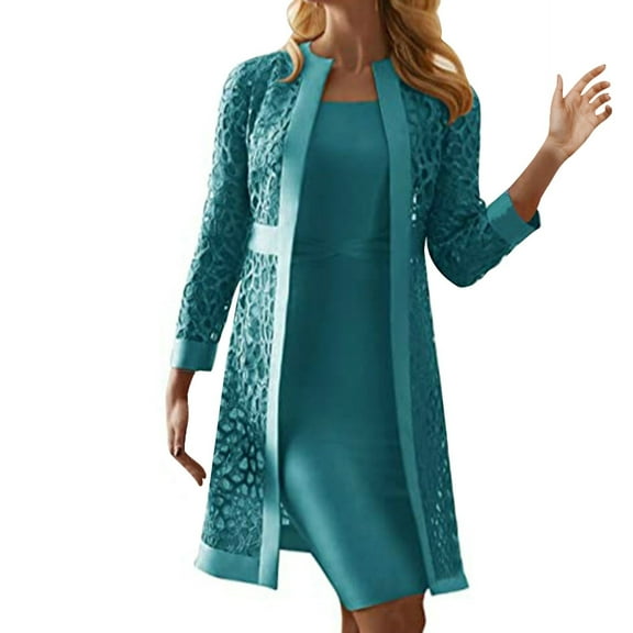 Rciityk Dress Sets for Women Long Sleeve Cardigan Sleeveless Dresses Casual Lace Hollowed Out Crew Neck Solid Color Two Piece Set