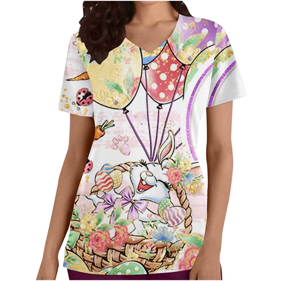 Rciityk Easter Day Gift Women Regular Nursing Uniform Top Summer Easter Print V-Neck Short Sleeve Medicals Top with Pockets