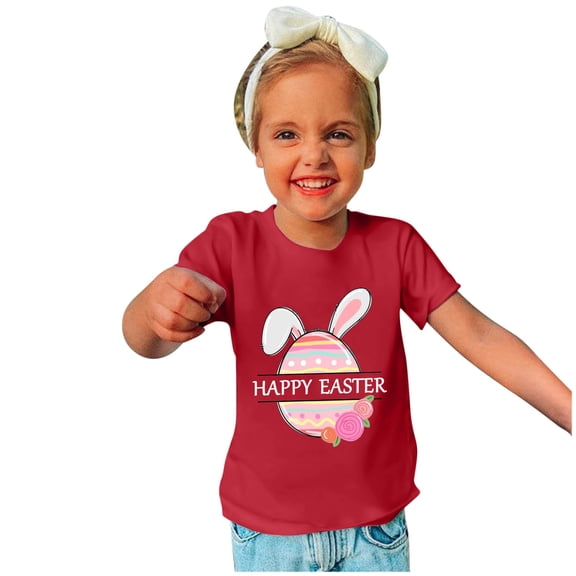Rciityk Easter Day Gifts for Toddler Boy Girl Cute Bunny Ear Eggs Print Crew Neck Short Sleeve T-Shirt Happy Easter Shirts for Kids
