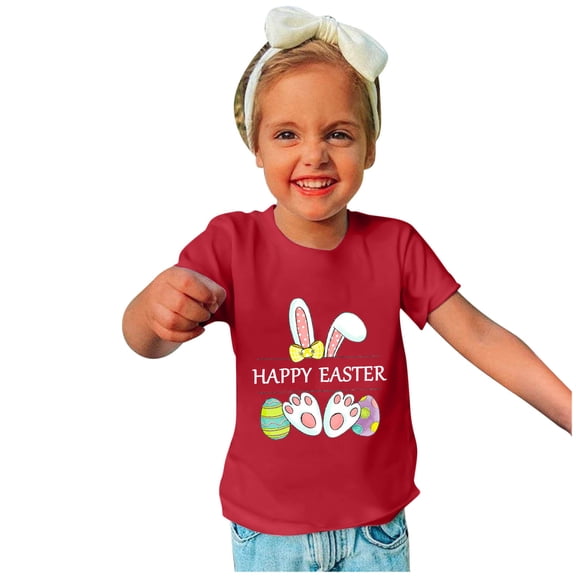 Rciityk Easter Day Gifts for Toddler Boy Girl Cute Bunny Ear Eggs Print Crew Neck Short Sleeve T-Shirt Happy Easter Shirts for Kids