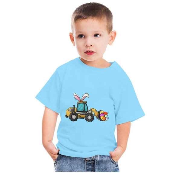 Rciityk Easter Day Gifts for Toddler Happy Easter Shirts for Kids Boy Girl Cute Eggs Hunts Tractor Print Crew Neck Short Sleeve T-Shirt