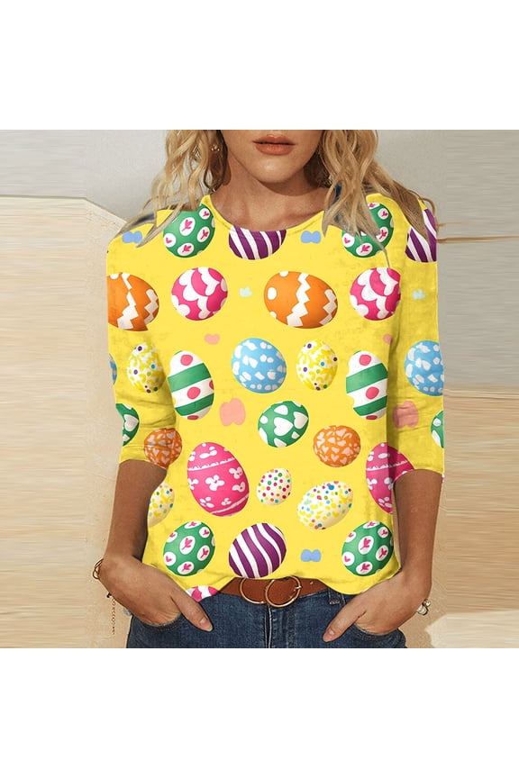 Easter Shirts for Women, 3/4 Length Sleeve Womens Top, Casual Easter Bunny Eggs Print Tunic Top, Vintage Crewneck Tshirt Top