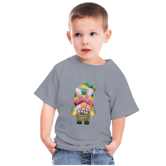 Rciityk Gray Easter Bunny Tees Shirt for Toddler Cute Gnomes Eggs Print Round Neck Short Sleeve Tshirt Kids Summer Top Easter Shirts for Boys Girls 4 Year