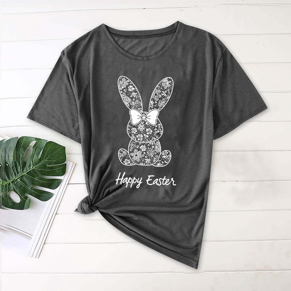 Rciityk Happy Easter Short Sleeve Shirts for Women Trendy Cute Rabbits Graphic T Shirts Casual Loose Crew Neck Summer Tops