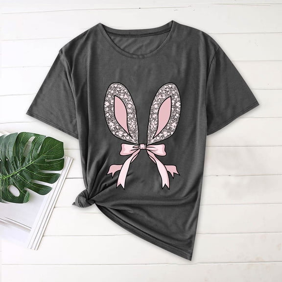 Rciityk Happy Easter Short Sleeve Shirts for Women Trendy Cute Rabbits Graphic T Shirts Casual Loose Crew Neck Summer Tops